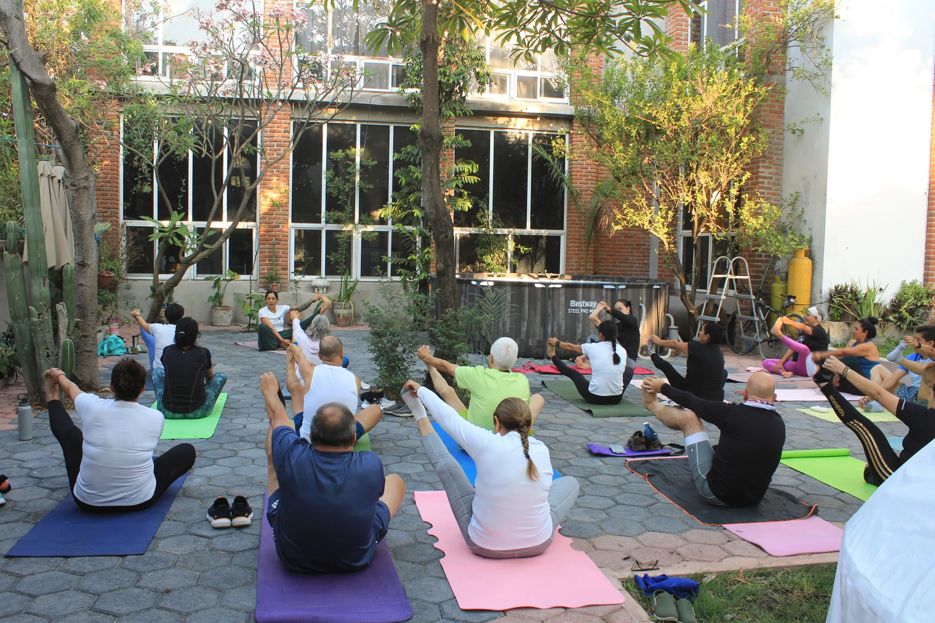 Clase de yoga en el jardín, bajo los árboles