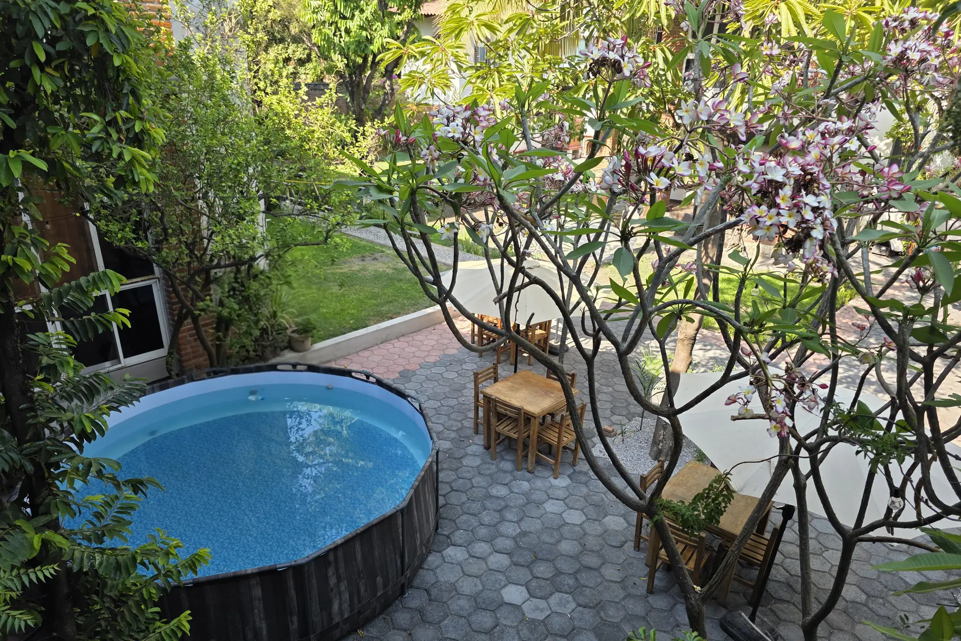 Patio con alberca entre árboles en flor y mesas de madera